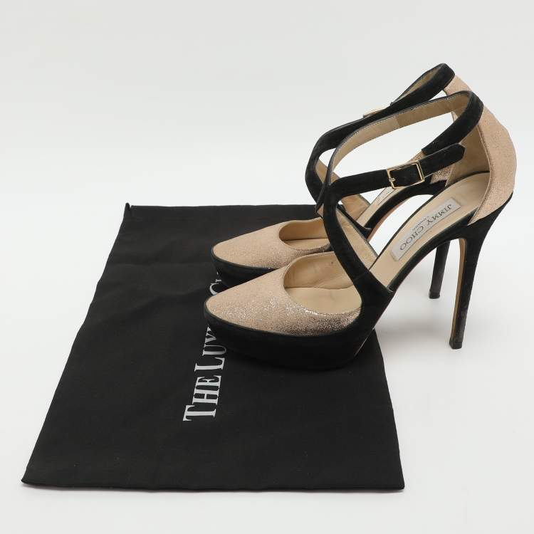 Pre Owned Jimmy Choo Size 38.5 Gold Glitter and Suede Platform Ankle Strap Pumps