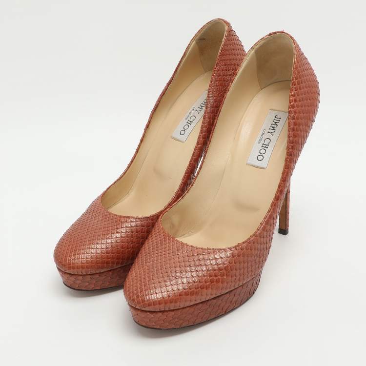 Pre Owned Jimmy Choo Size 40.5 Copper Python Embossed Leather Platform Pumps