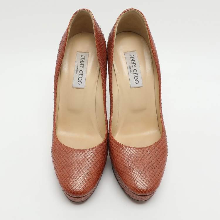 Pre Owned Jimmy Choo Size 40.5 Copper Python Embossed Leather Platform Pumps