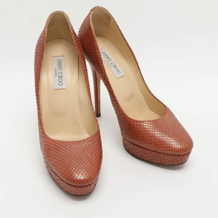 Pre Owned Jimmy Choo Size 40.5 Copper Python Embossed Leather Platform Pumps