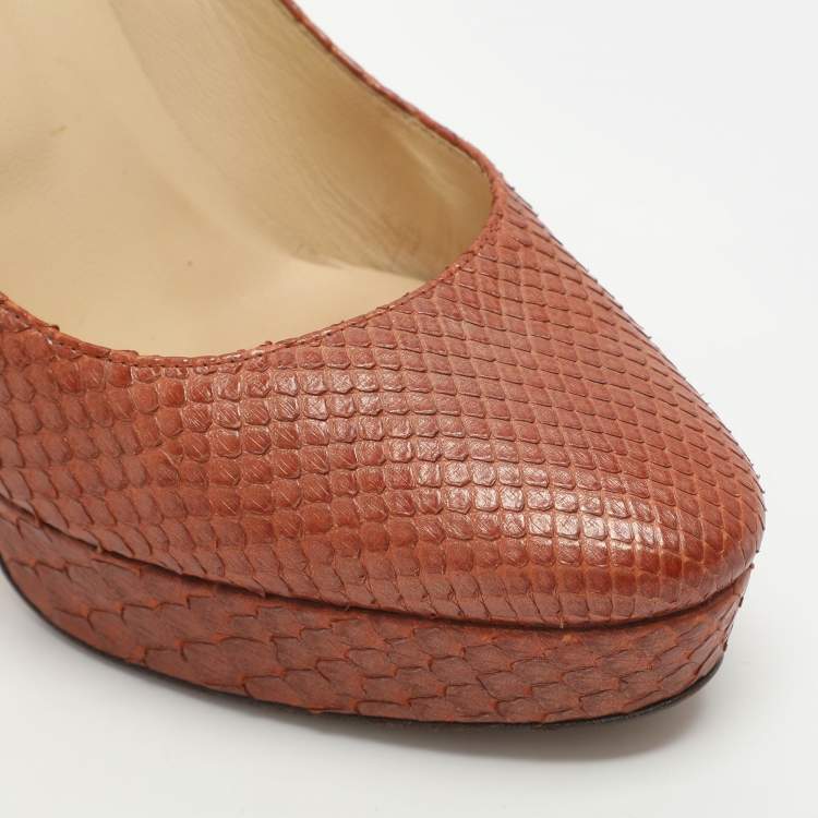 Pre Owned Jimmy Choo Size 40.5 Copper Python Embossed Leather Platform Pumps