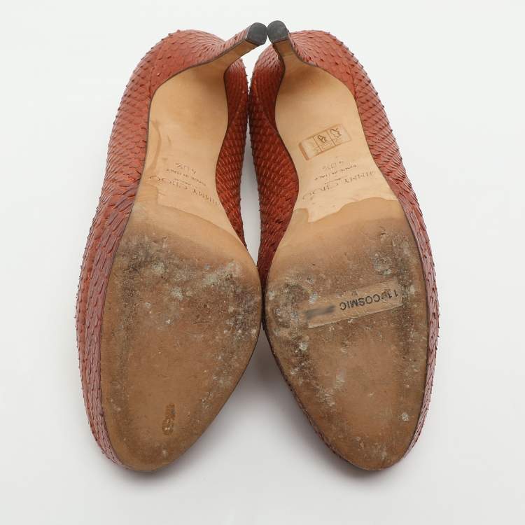 Pre Owned Jimmy Choo Size 40.5 Copper Python Embossed Leather Platform Pumps