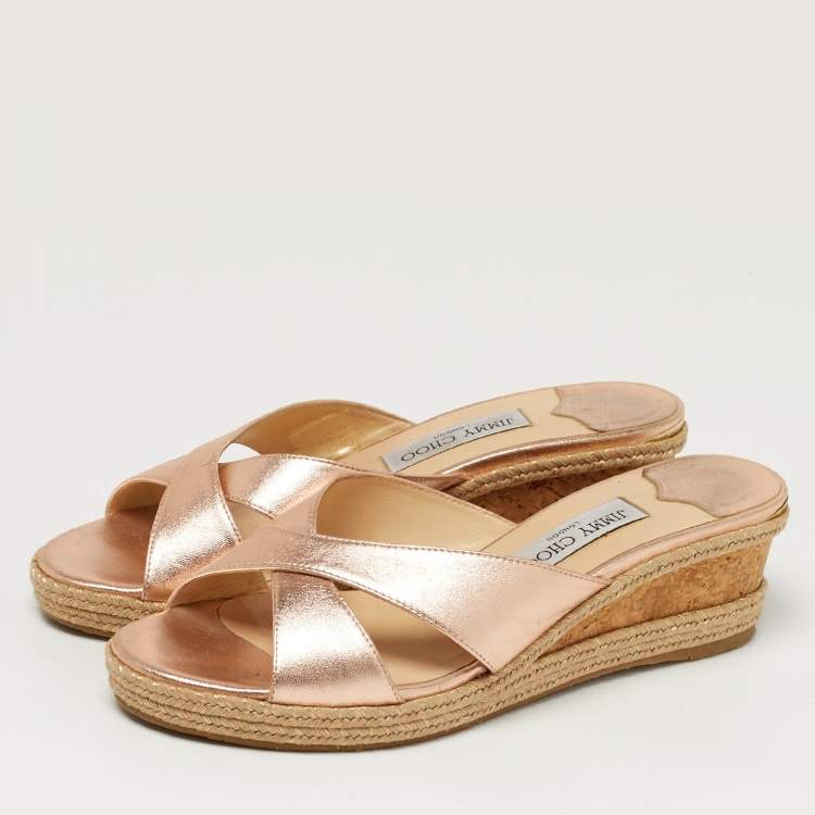 Pre Owned Jimmy Choo Prima Size 40 Metallic Leather Cork Wedge Sandals