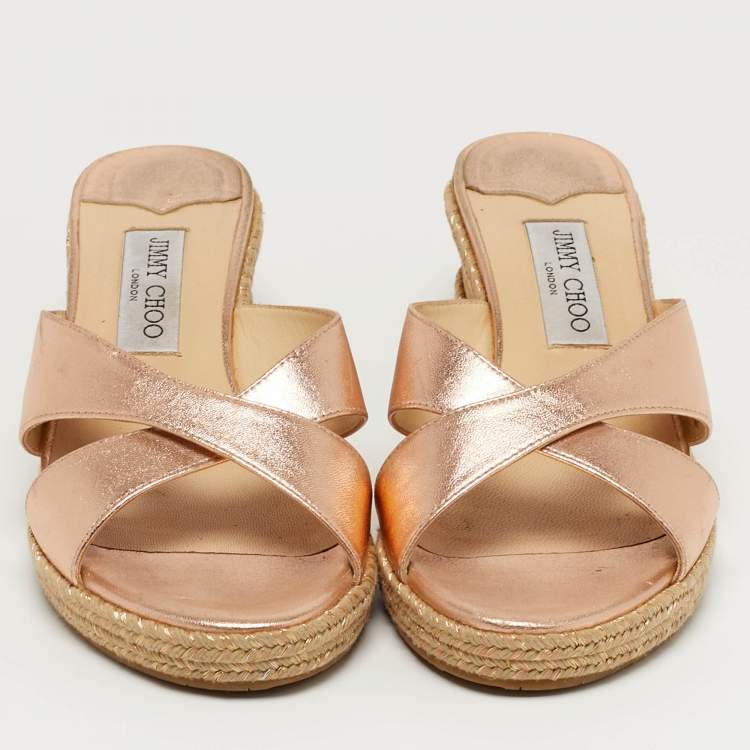 Pre Owned Jimmy Choo Prima Size 40 Metallic Leather Cork Wedge Sandals