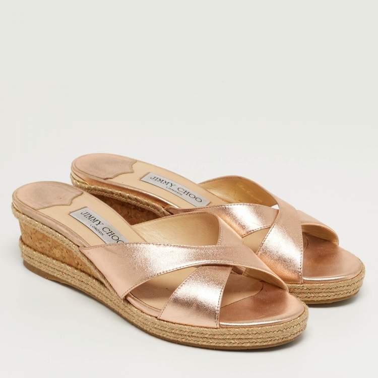 Pre Owned Jimmy Choo Prima Size 40 Metallic Leather Cork Wedge Sandals