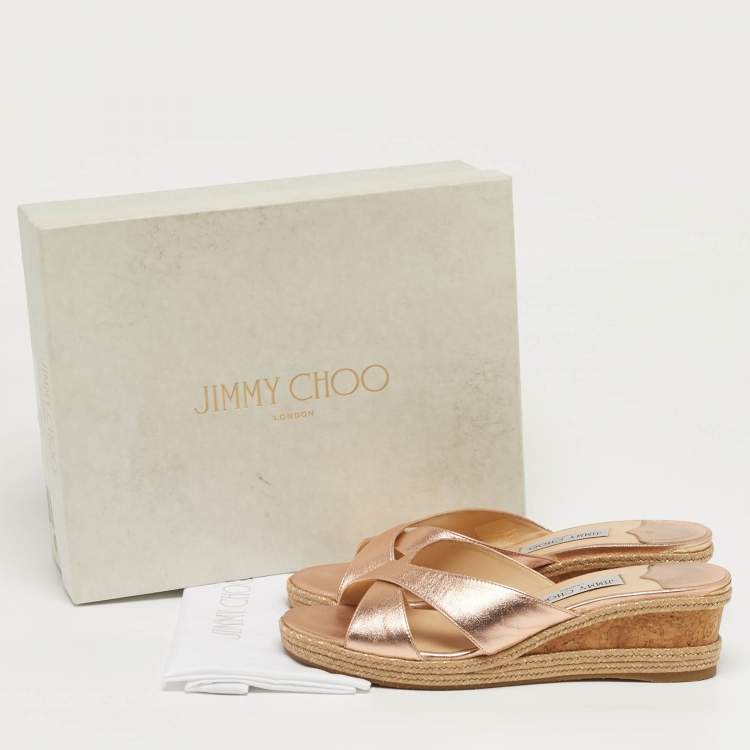 Pre Owned Jimmy Choo Prima Size 40 Metallic Leather Cork Wedge Sandals