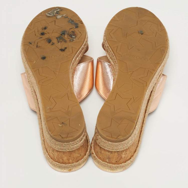 Pre Owned Jimmy Choo Prima Size 40 Metallic Leather Cork Wedge Sandals