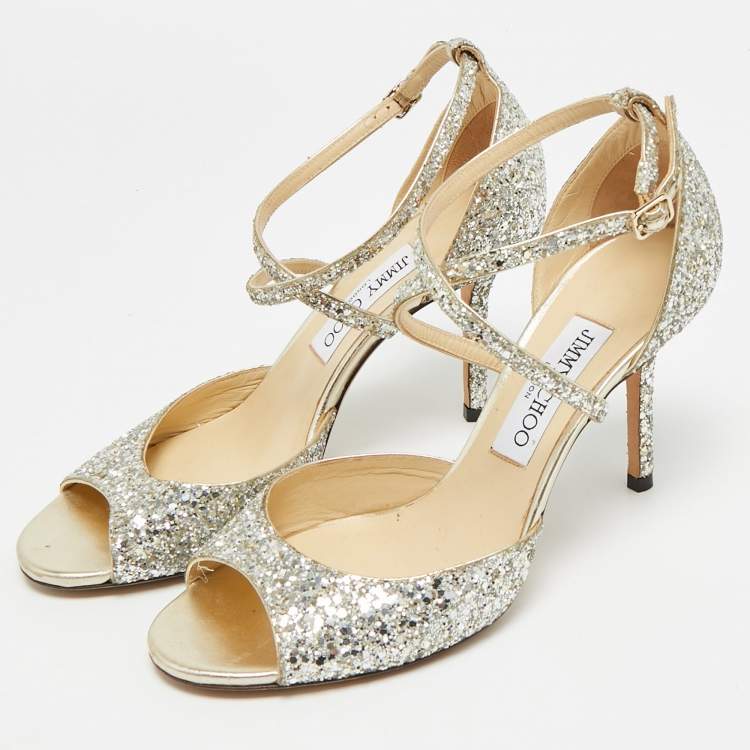 Pre Owned Jimmy Choo Emsy Size 38 Metallic Glitter Criss Cross Ankle Strap Sandals