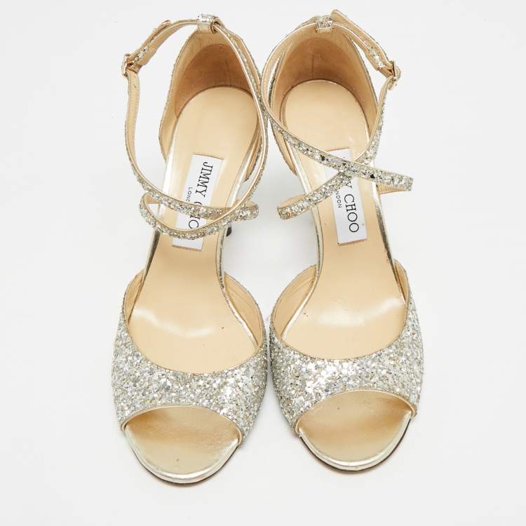 Pre Owned Jimmy Choo Emsy Size 38 Metallic Glitter Criss Cross Ankle Strap Sandals