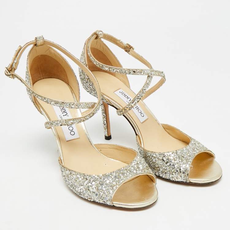 Pre Owned Jimmy Choo Emsy Size 38 Metallic Glitter Criss Cross Ankle Strap Sandals