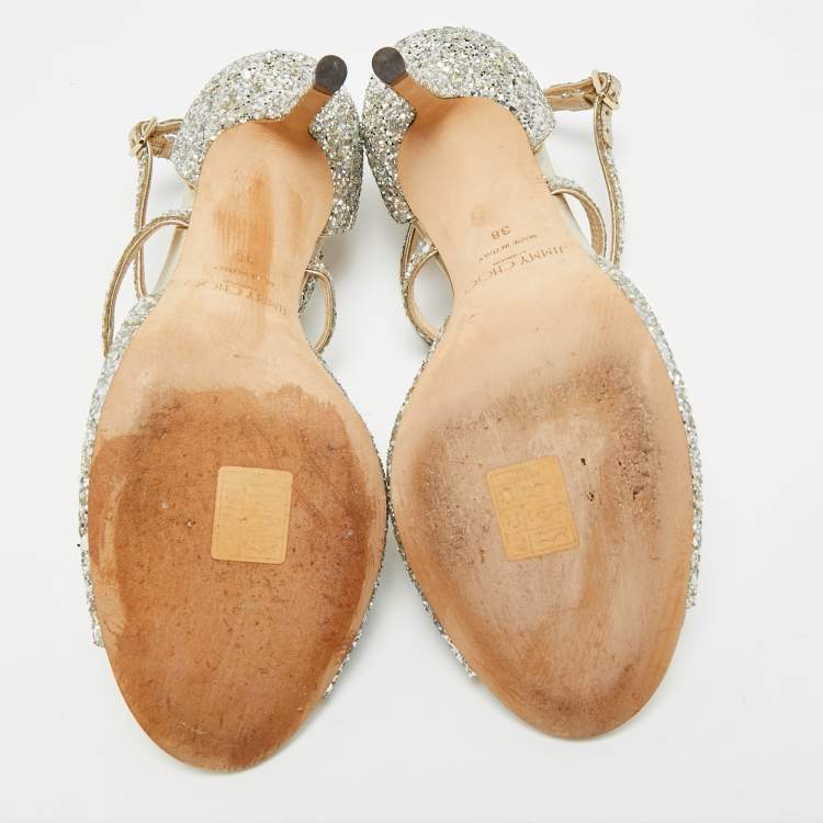 Pre Owned Jimmy Choo Emsy Size 38 Metallic Glitter Criss Cross Ankle Strap Sandals