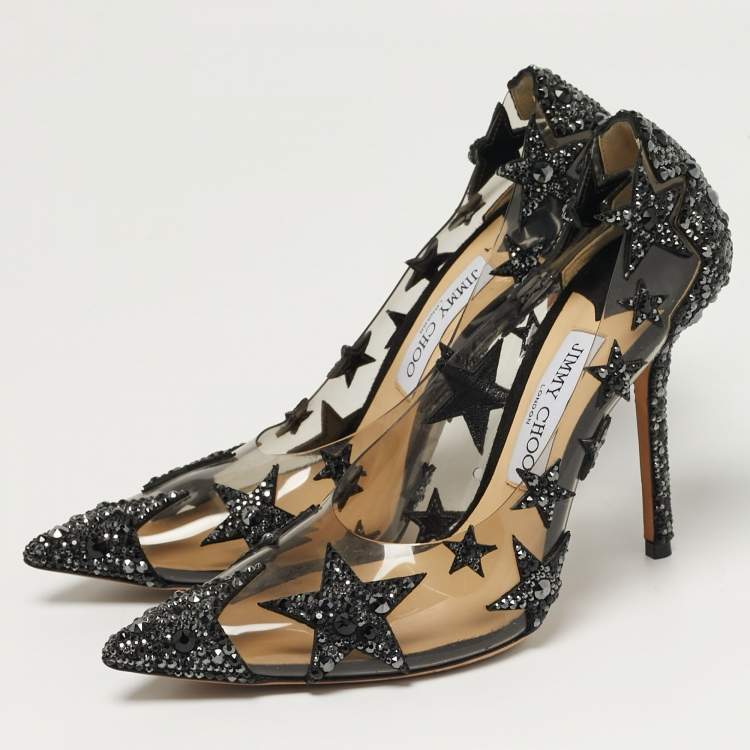 Pre Owned Jimmy Choo Lisha Size 39 Transparent/Black PVC and Suede Star Embellished Pumps