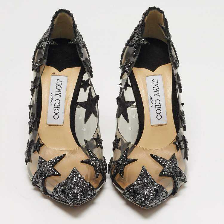 Pre Owned Jimmy Choo Lisha Size 39 Transparent/Black PVC and Suede Star Embellished Pumps