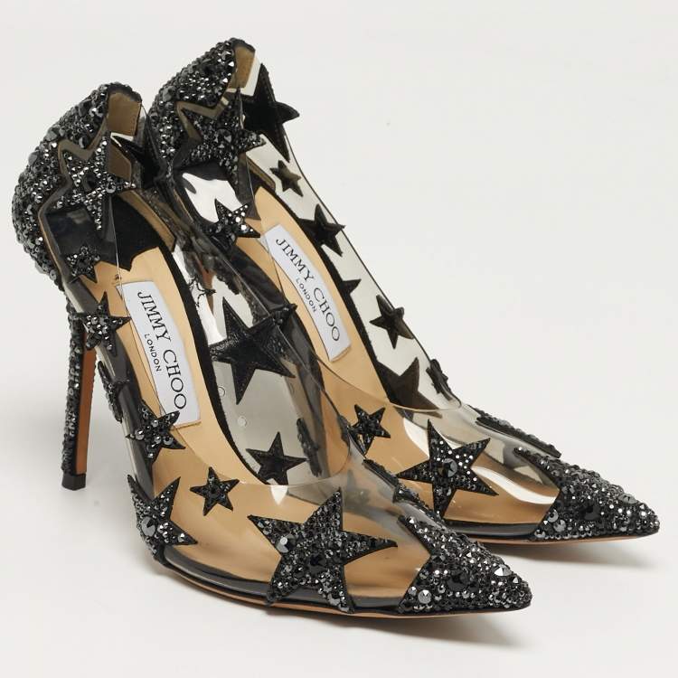 Pre Owned Jimmy Choo Lisha Size 39 Transparent/Black PVC and Suede Star Embellished Pumps