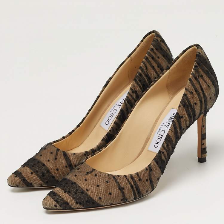 Pre Owned Jimmy Choo Romy Size 37 Black/Beige Mesh Dotted Pointed Toe Pumps
