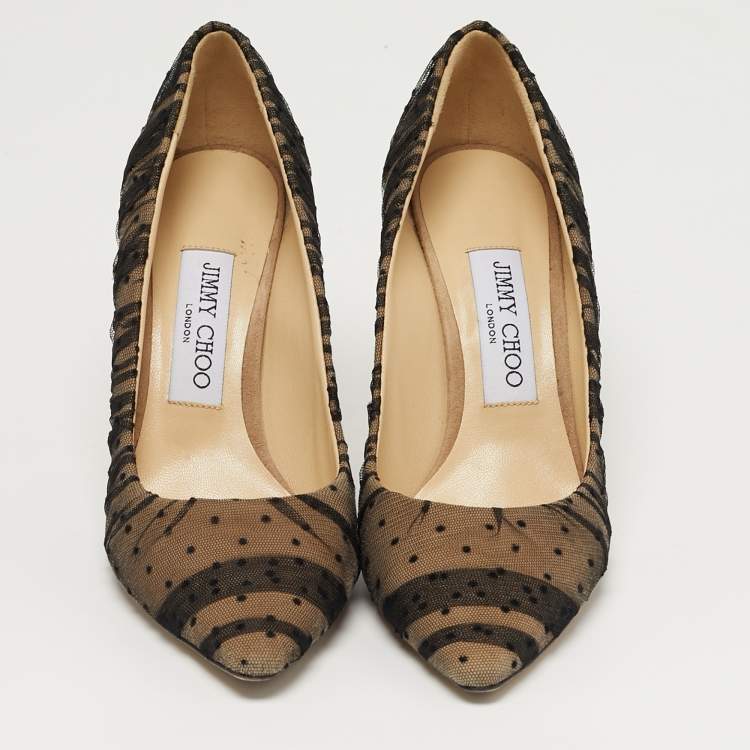 Pre Owned Jimmy Choo Romy Size 37 Black/Beige Mesh Dotted Pointed Toe Pumps