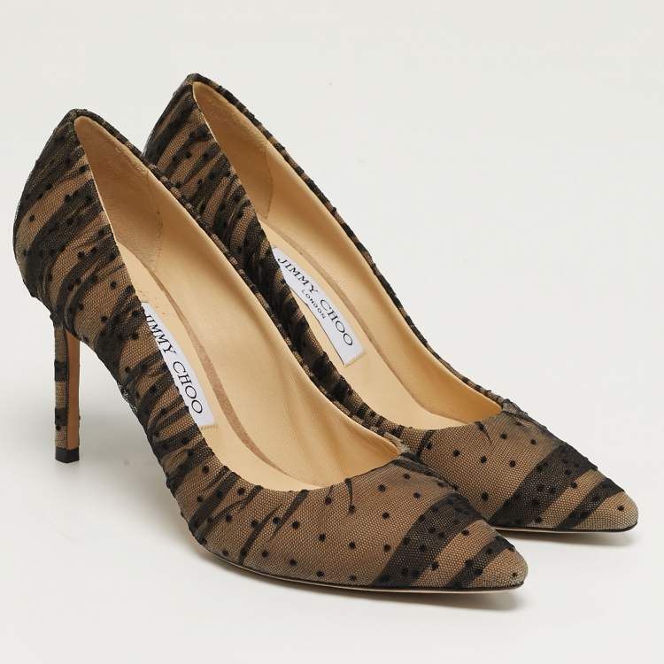 Pre Owned Jimmy Choo Romy Size 37 Black/Beige Mesh Dotted Pointed Toe Pumps