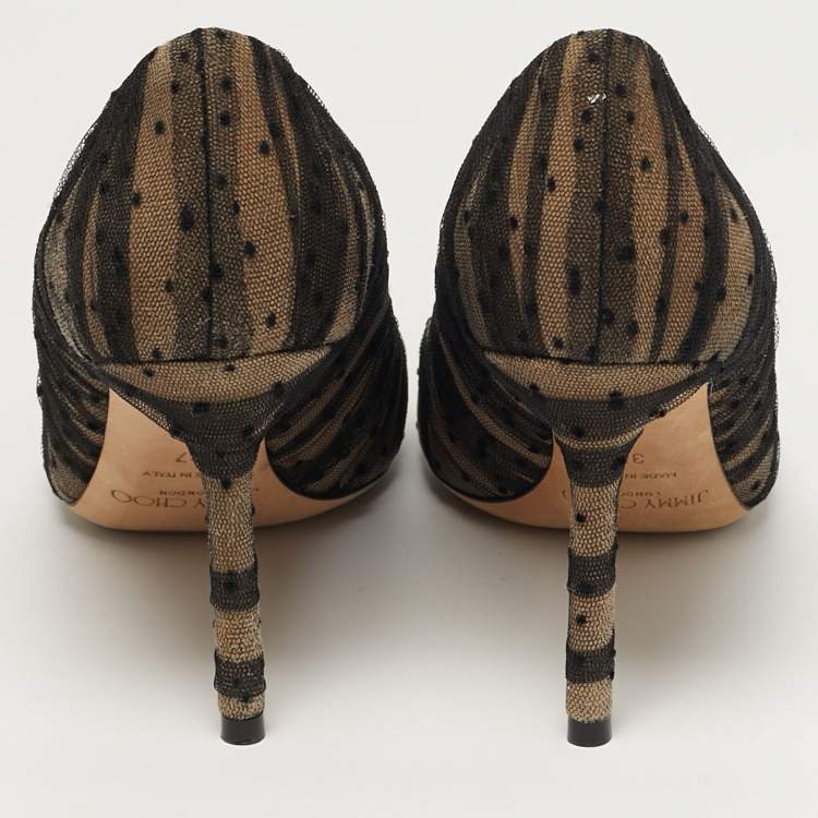 Pre Owned Jimmy Choo Romy Size 37 Black/Beige Mesh Dotted Pointed Toe Pumps