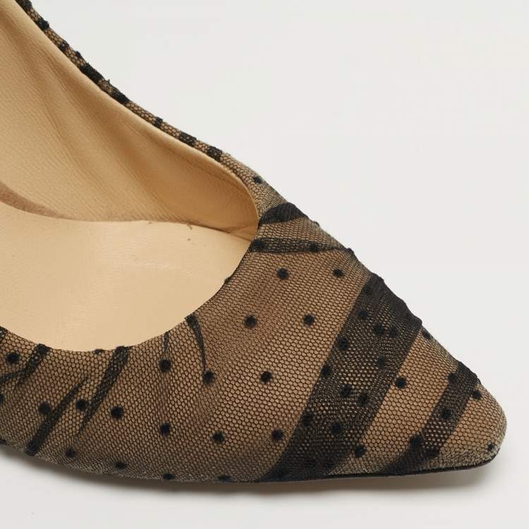 Pre Owned Jimmy Choo Romy Size 37 Black/Beige Mesh Dotted Pointed Toe Pumps