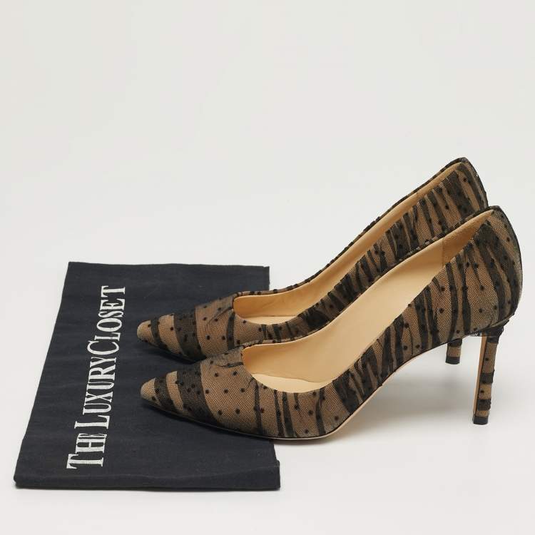 Pre Owned Jimmy Choo Romy Size 37 Black/Beige Mesh Dotted Pointed Toe Pumps