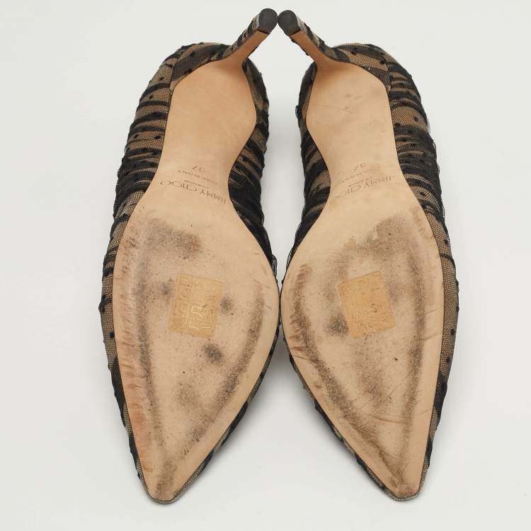 Pre Owned Jimmy Choo Romy Size 37 Black/Beige Mesh Dotted Pointed Toe Pumps