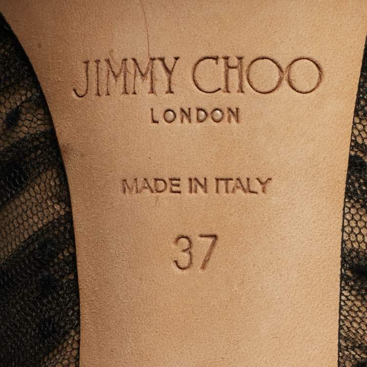 Pre Owned Jimmy Choo Romy Size 37 Black/Beige Mesh Dotted Pointed Toe Pumps