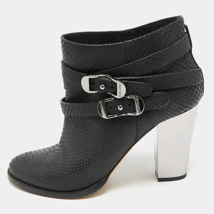 Pre Owned Jimmy Choo Marlin Size 40 Black Python Embossed Leather Ankle Length Boots