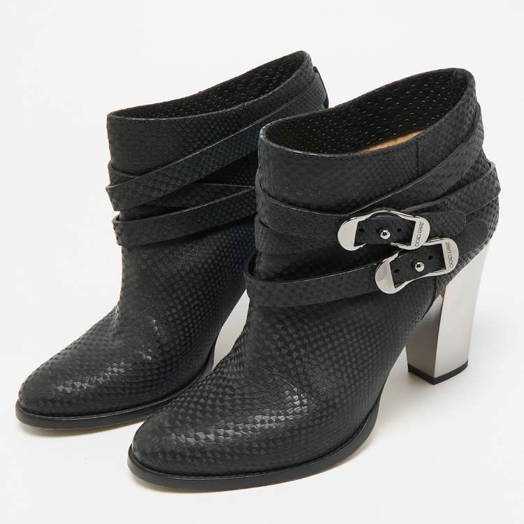 Pre Owned Jimmy Choo Marlin Size 40 Black Python Embossed Leather Ankle Length Boots