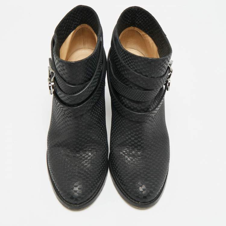 Pre Owned Jimmy Choo Marlin Size 40 Black Python Embossed Leather Ankle Length Boots