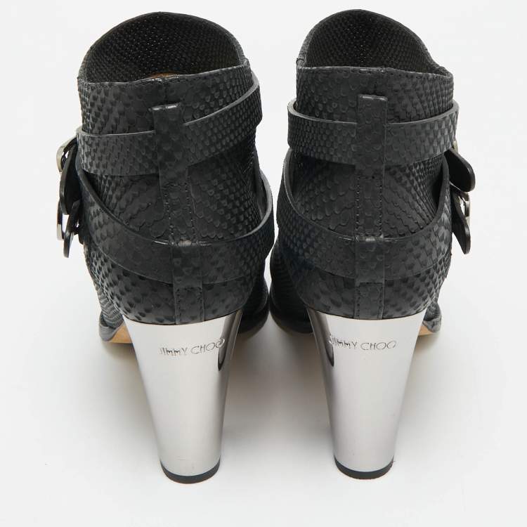 Pre Owned Jimmy Choo Marlin Size 40 Black Python Embossed Leather Ankle Length Boots