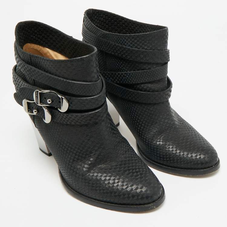 Pre Owned Jimmy Choo Marlin Size 40 Black Python Embossed Leather Ankle Length Boots