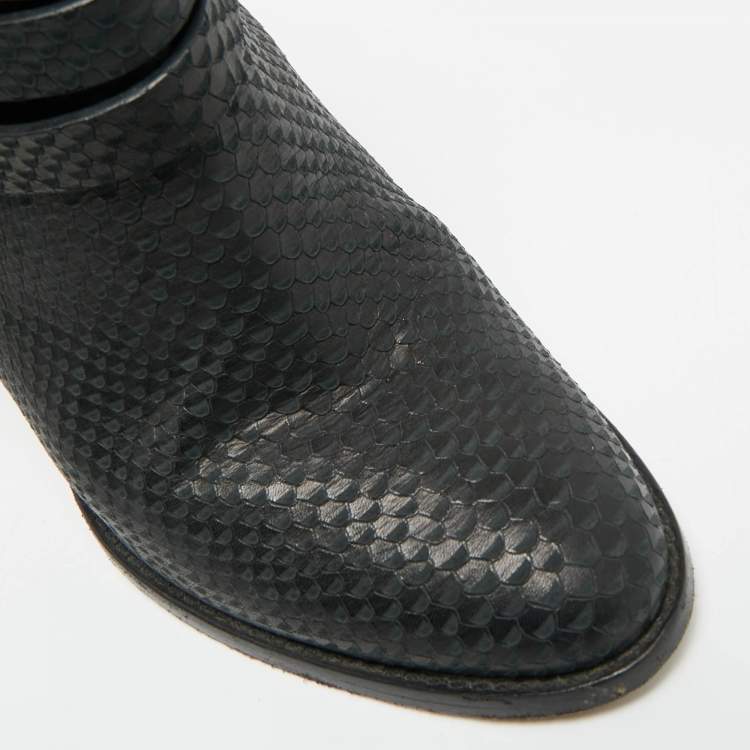 Pre Owned Jimmy Choo Marlin Size 40 Black Python Embossed Leather Ankle Length Boots