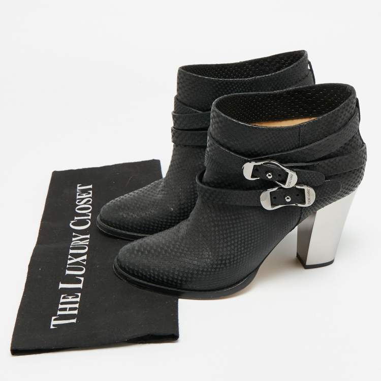 Pre Owned Jimmy Choo Marlin Size 40 Black Python Embossed Leather Ankle Length Boots