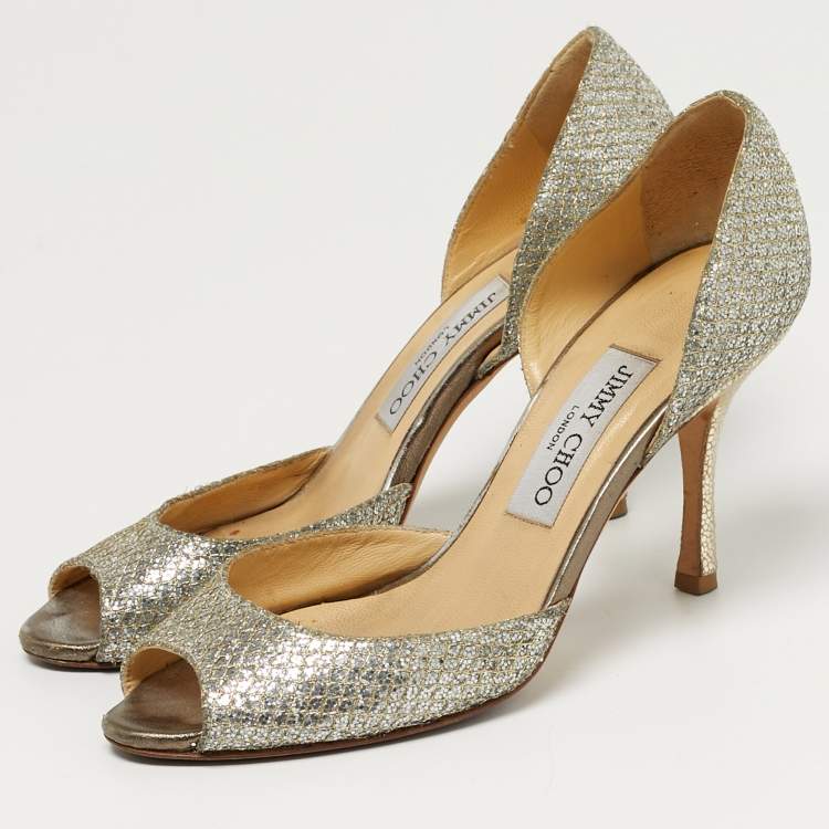 Pre Owned Jimmy Choo Logan Size 36 Gold Glitter Peep Toe Pumps