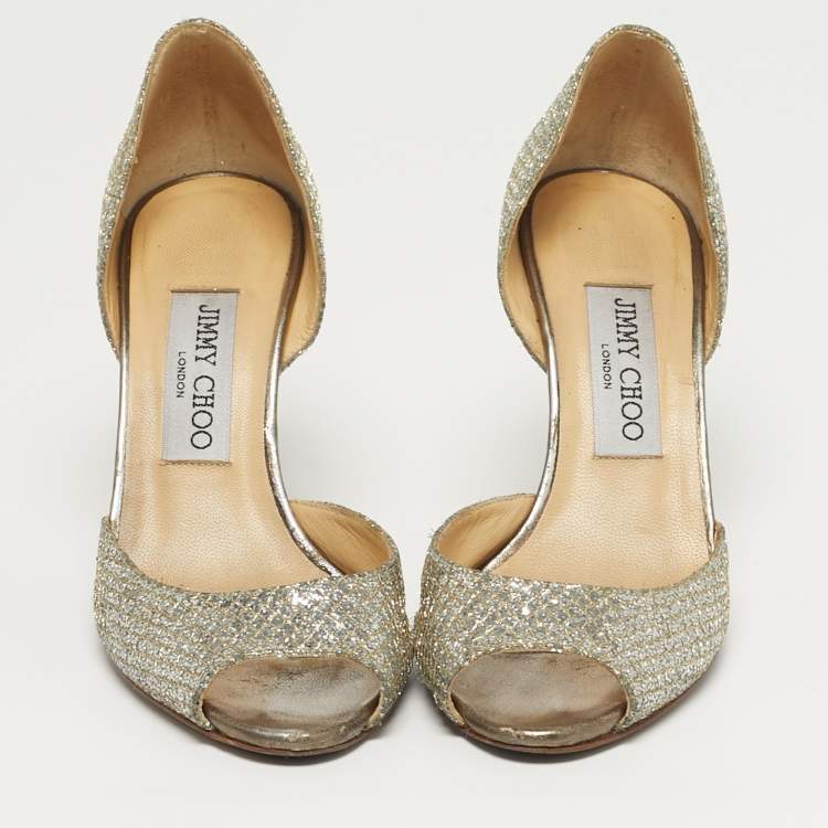 Pre Owned Jimmy Choo Logan Size 36 Gold Glitter Peep Toe Pumps