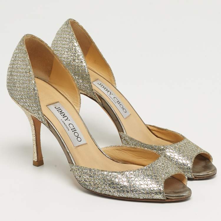 Pre Owned Jimmy Choo Logan Size 36 Gold Glitter Peep Toe Pumps