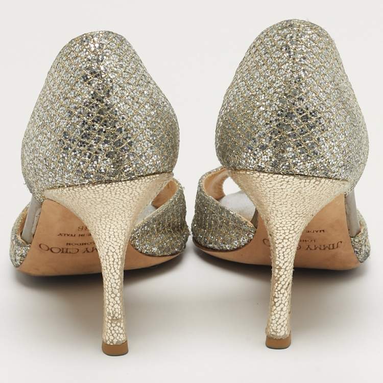 Pre Owned Jimmy Choo Logan Size 36 Gold Glitter Peep Toe Pumps