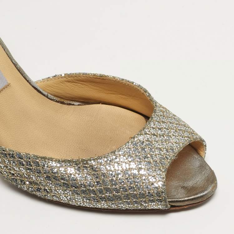 Pre Owned Jimmy Choo Logan Size 36 Gold Glitter Peep Toe Pumps