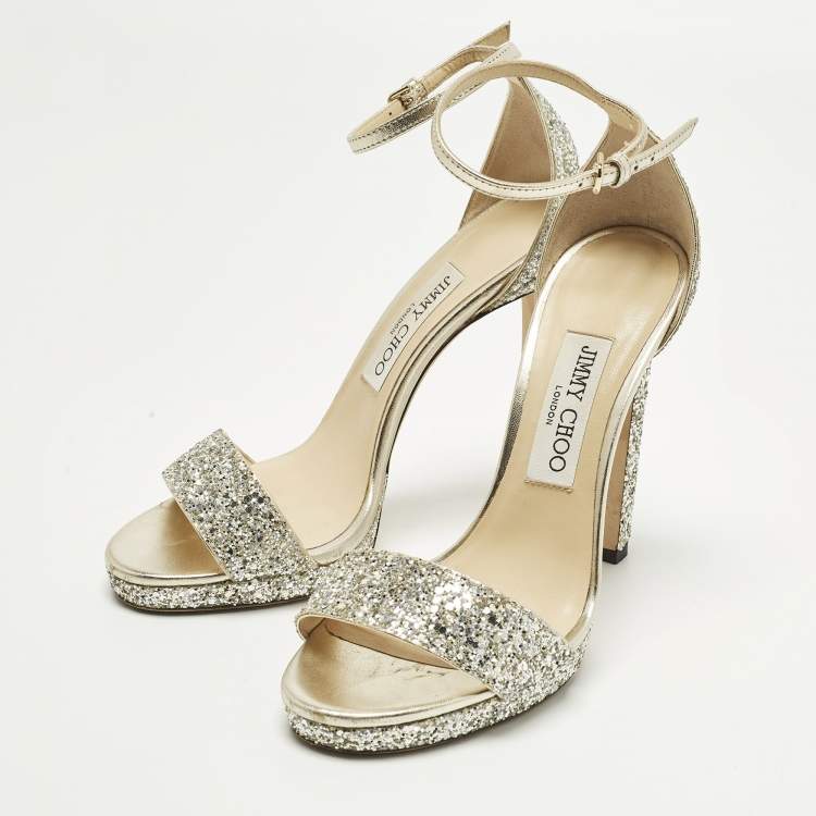 Pre Owned Jimmy Choo Misty Size 37 Metallic Glitter Ankle Strap Sandals