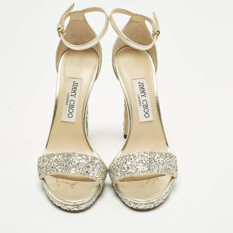 Pre Owned Jimmy Choo Misty Size 37 Metallic Glitter Ankle Strap Sandals