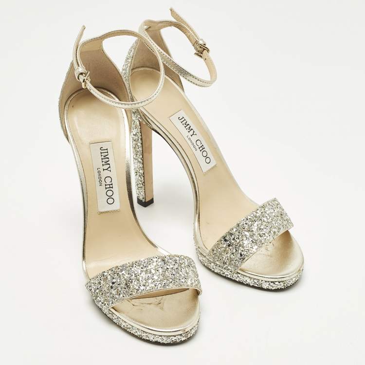 Pre Owned Jimmy Choo Misty Size 37 Metallic Glitter Ankle Strap Sandals