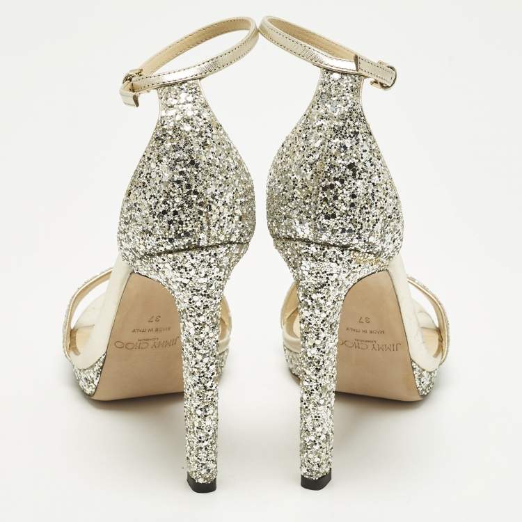 Pre Owned Jimmy Choo Misty Size 37 Metallic Glitter Ankle Strap Sandals