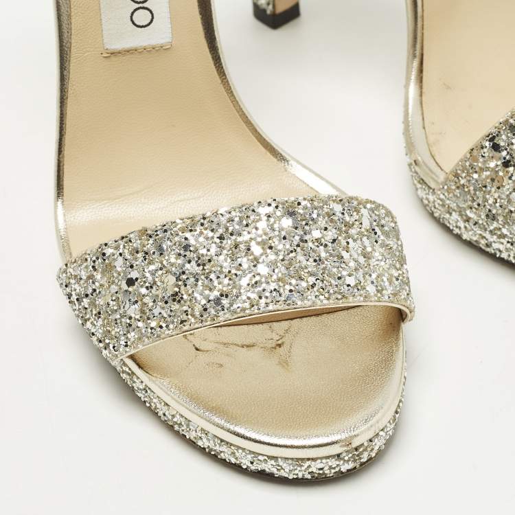 Pre Owned Jimmy Choo Misty Size 37 Metallic Glitter Ankle Strap Sandals