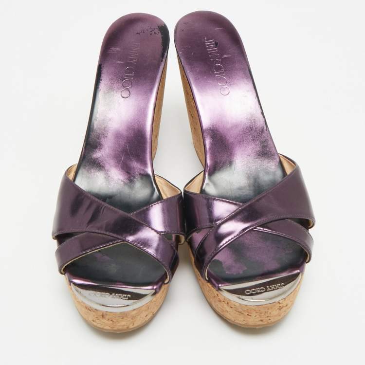 Pre Owned Jimmy Choo Perfume Size 41 Purple Patent Leather Cork Platform Wedge Sandals