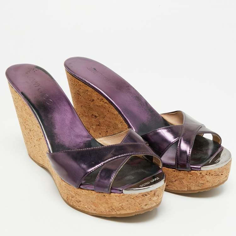 Pre Owned Jimmy Choo Perfume Size 41 Purple Patent Leather Cork Platform Wedge Sandals