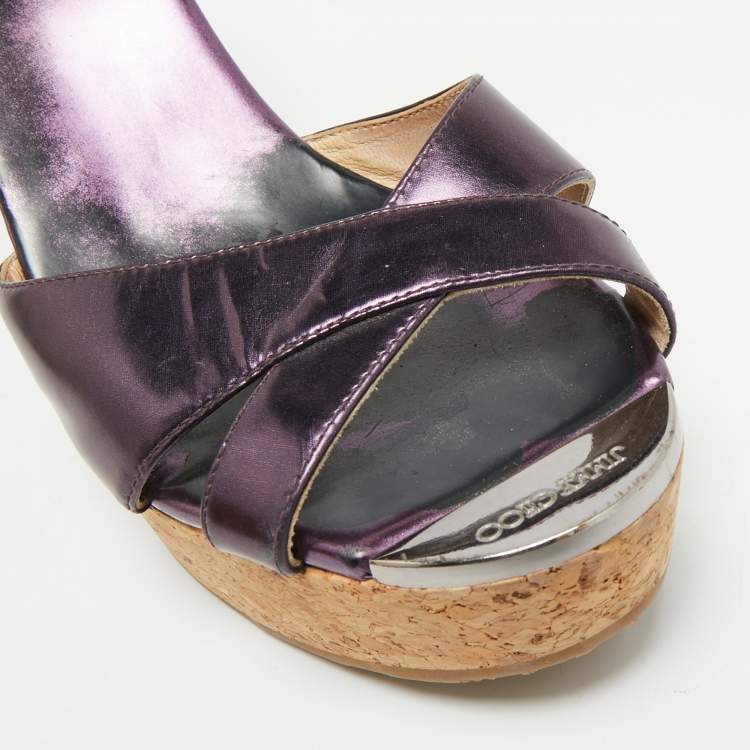 Pre Owned Jimmy Choo Perfume Size 41 Purple Patent Leather Cork Platform Wedge Sandals