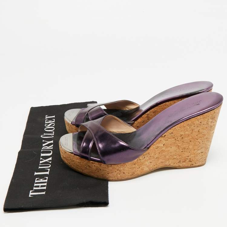 Pre Owned Jimmy Choo Perfume Size 41 Purple Patent Leather Cork Platform Wedge Sandals