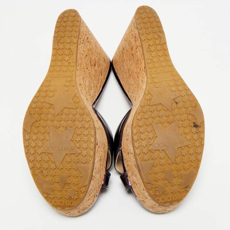 Pre Owned Jimmy Choo Perfume Size 41 Purple Patent Leather Cork Platform Wedge Sandals