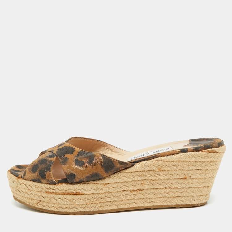 Pre Owned Jimmy Choo Dovina Size 41 Leopard Print Suede Espadrille Wedge Platform Sandals