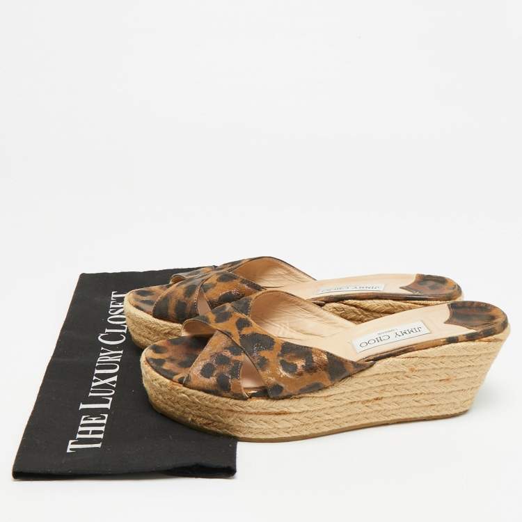 Pre Owned Jimmy Choo Dovina Size 41 Leopard Print Suede Espadrille Wedge Platform Sandals